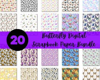 Butterfly Printable Scrapbook Paper Bundle | Spring Flowers Pattern | Digital Butterflies Graphic Paper | Craft Paper
