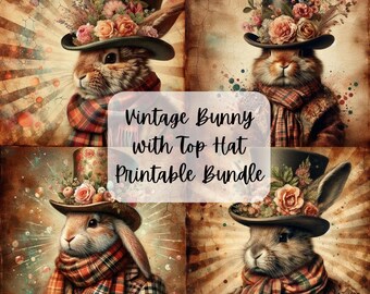 Vintage Bunny Top Hat Printable Bundle | Decoupage Crafting Paper | Junk Journal | Digital Download | PNG | Sublimation | Easter
