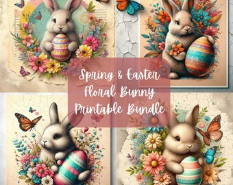 Spring & Easter Floral Bunny Printable Bundle | Decoupage Crafting Paper | Junk Journal | Digital Download |PNG| Sublimation | Butterfly