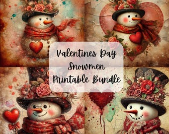 Valentines Day Vintage Snowman Printable Bundle | Decoupage Crafting Paper | Junk Journal | Digital Download | PNG | Winter | Hearts