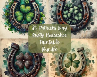 St. Patricks Day Rusty Horseshoe Shamrock Printable Bundle | Decoupage Crafting Paper | Junk Journal | Digital Download |PNG| Sublimation |