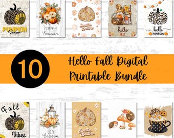 Digital Hello Fall Printable Paper Bundle | Printable Fall Paper | Autumn Wall Decor Art | Pumpkins Leaves Sunflower | DIY Crafting Decor