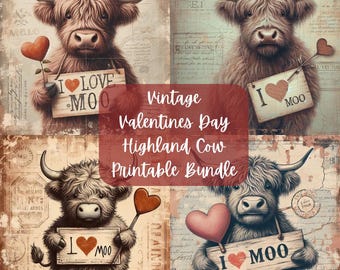 Vintage Valentines Day Highland Cow Printable Bundle | Decoupage Crafting Paper | Junk Journal | Digital Download |PNG| Sublimation | Heart