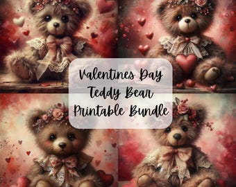 Valentines Day Vintage Teddy Bear Printable Bundle | Decoupage Crafting Paper | Junk Journal | Digital Download | PNG | Sublimation | Hearts