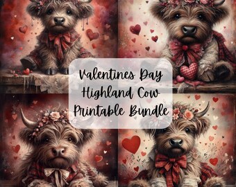 Cute Valentines Day Highland Cow Printable Bundle | Decoupage Crafting Paper | Junk Journal | Digital Download | PNG | Sublimation | Hearts