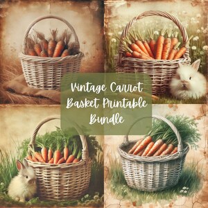 Zestaw do druku Vintage Carrot Basket | Papier do decoupage'u | Junk Journal | Pobieranie cyfrowe | PNG | Sublimacja | Króliczek