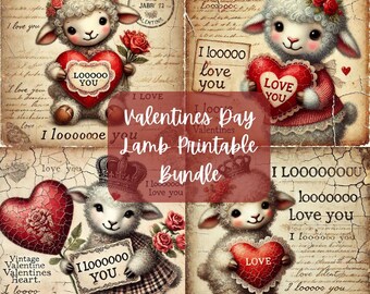 Vintage Valentines Day Lamb Printable Bundle | Decoupage Crafting Paper | Junk Journal | Digital Download | PNG | Sublimation | Hearts