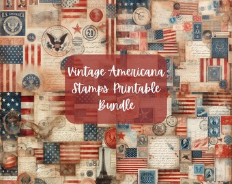 Vintage Americana Stamps Printable Bundle | 4th of July Ephemera | Junk Journal Digital Paper | Distressed USA Postage | Patriotic Scrapbook