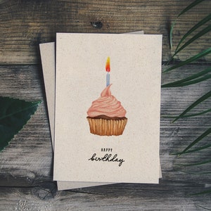 matabooks - A6 Grußkarte/Klapkarte aus nachhaltigem Graspapier als Geburtsgeschenk - Happy Birthday (Cupcake)