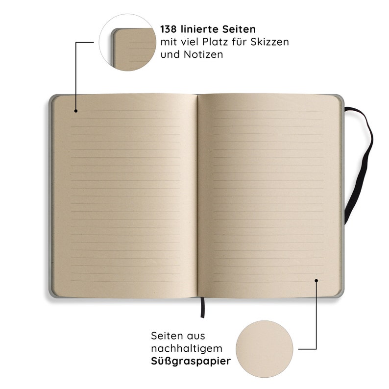 May include: Open notebook with lined pages. The pages are a light tan color, and the cover is a muted gray. The notebook has a black ribbon bookmark. Text on the image reads: "138 lined pages with plenty of space for sketches and notes."