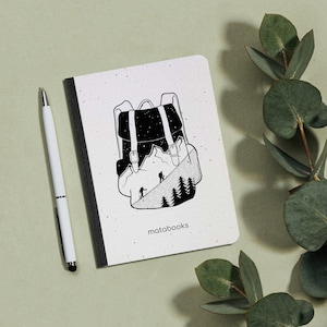 Könnte beinhalten: Schwarz-weiß-Illustration eines Rucksacks mit Bergen und Wanderern darin. Der Rucksack befindet sich auf einem weißen Notizbuch mit dem aufgedruckten Text "matabooks" am unteren Rand.