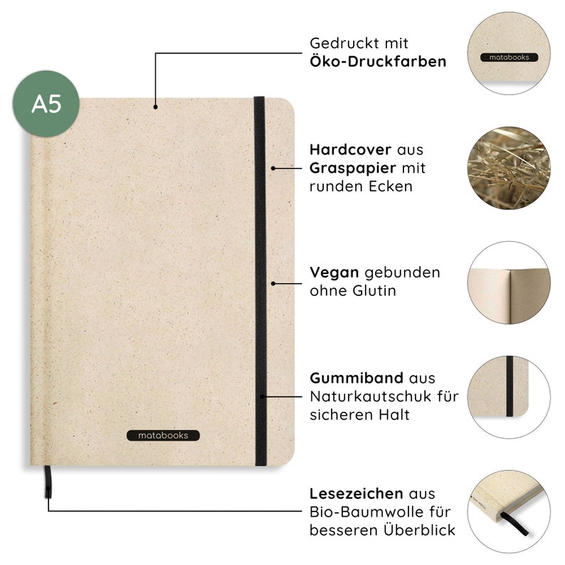 Sustainable A5 notebook/diary/journal/writing pad made of sweet grass paper Nari Easy dotted image 2