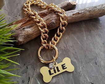Gold Chain Dog Collar & Steel Bone Shaped Name Tag, Pet Chain