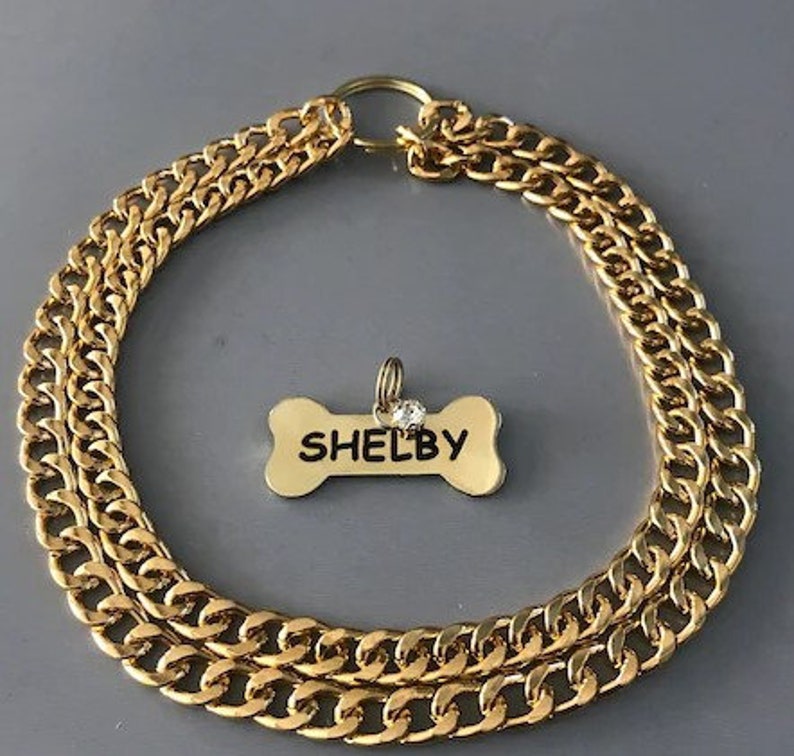 Double Chain Gold Dog Collar & Steel Bone Name Tag Pet Chain Etsy