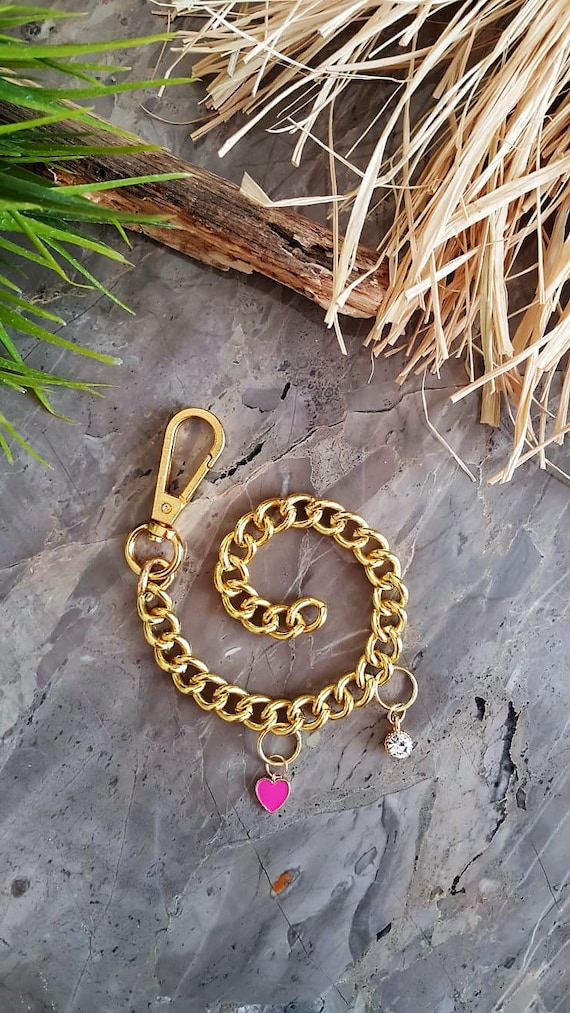 Pink Heart Gold Charm Collar Chain Cat Collar Gold Dog Chain Etsy