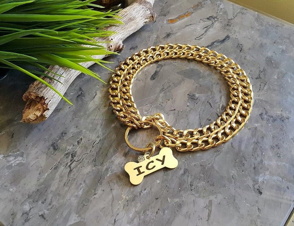 Double Chain Gold Dog Collar & Steel Bone Name Tag Pet Chain Etsy