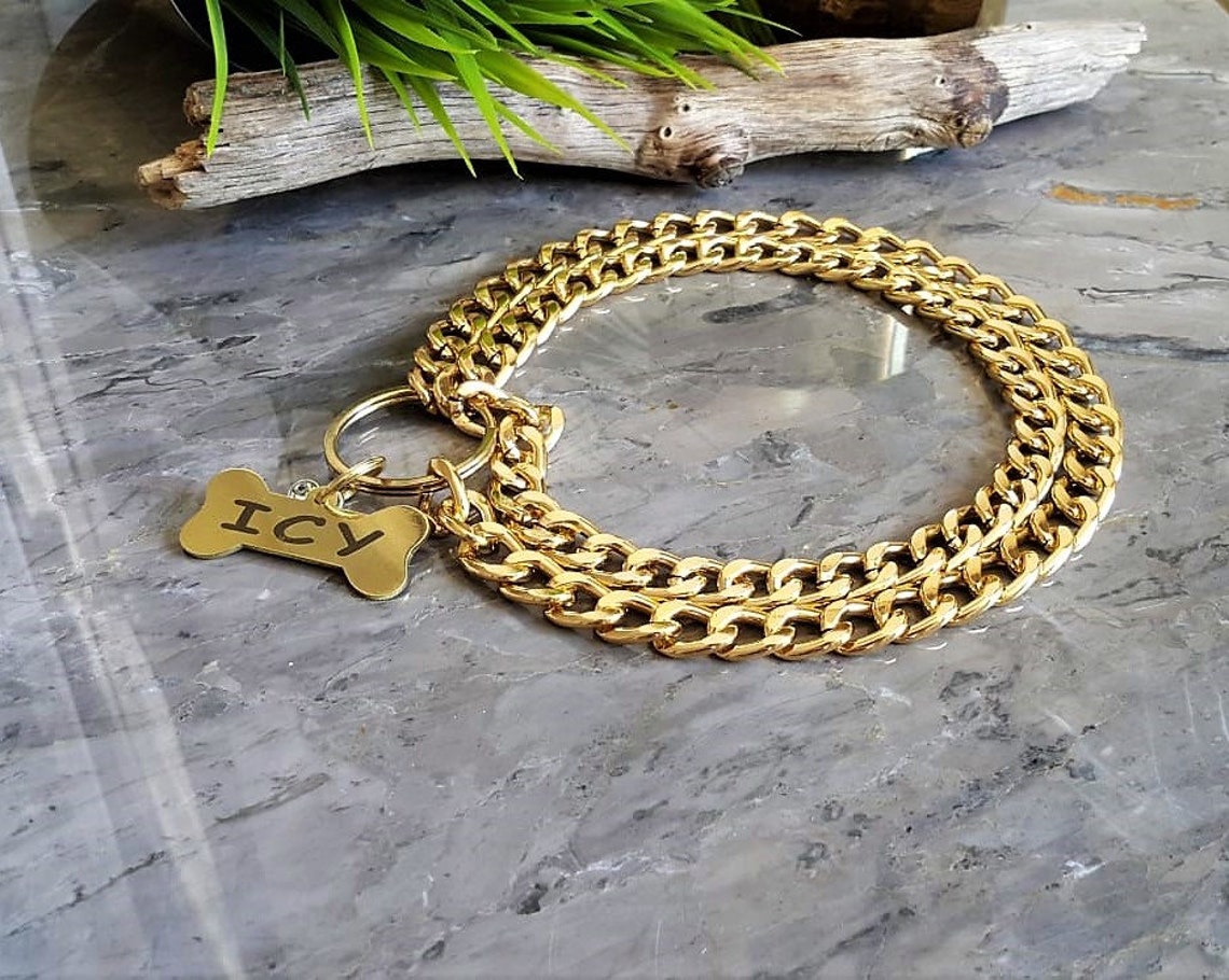 Double Chain Gold Dog Collar & Steel Bone Name Tag Pet Chain Etsy