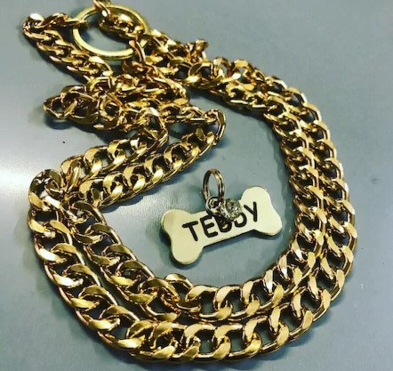 Double Chain Gold Dog Collar & Steel Bone Name Tag Pet Chain Etsy