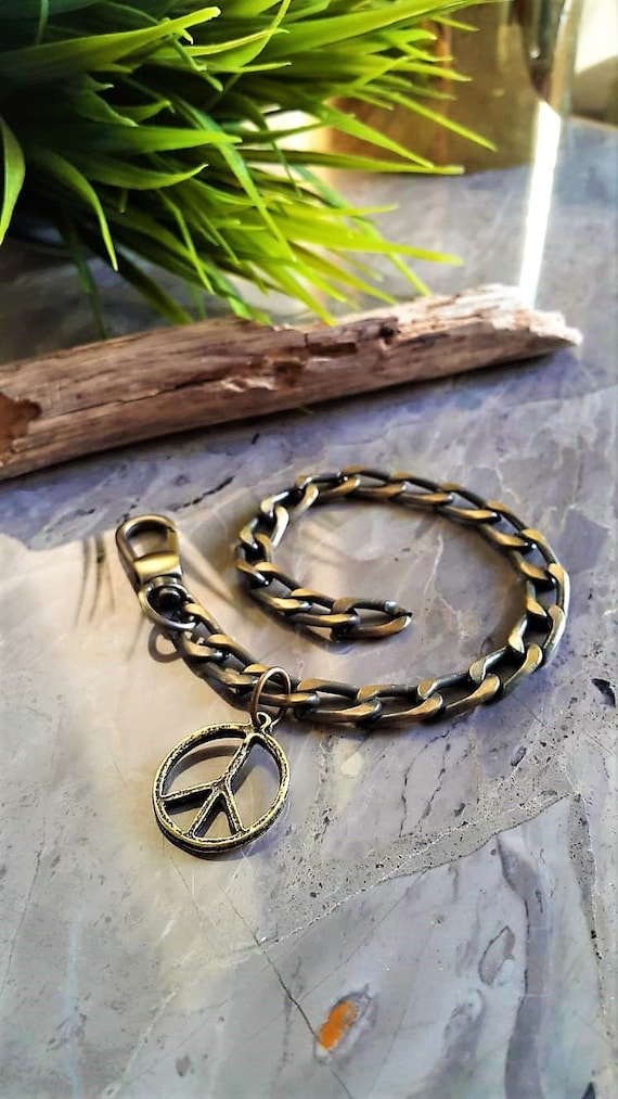 Peace Sign Antique Gold Chain Collar for Cats Dogs, Strong Chain