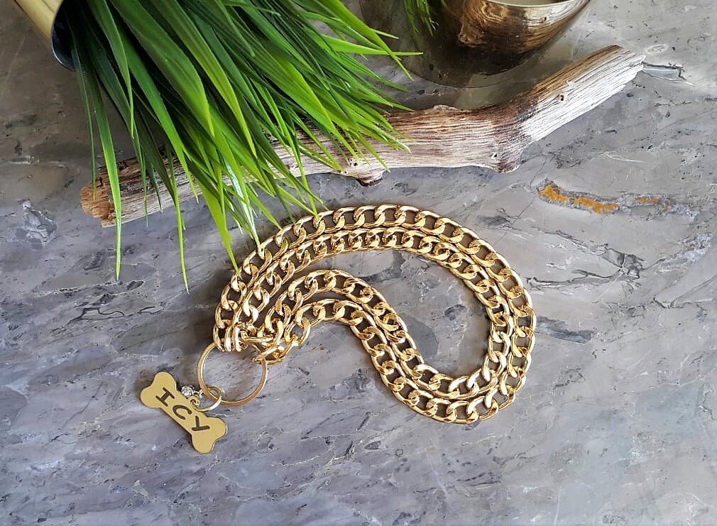 Double Gold Choke Chain & Steel Bone Name Tag, Dog Chain Collar, Custom