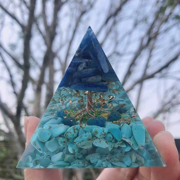 Tree of Life-Orgone Pyramid /Kyanite crystal ,Turquoise,Apatite Crystal/Healing Crystal/Meditation Tool/EMF Protection Pyramid/Best Gift