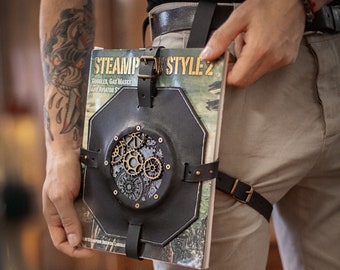Steampunk Book Holder gears larp leather book belt bag - book lover gift - waist book Holster - Book of shadows - spell book - witchcraft