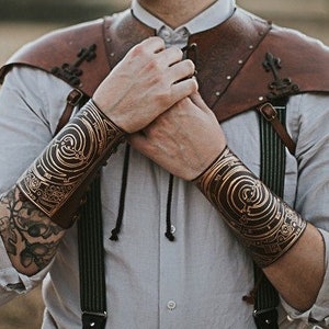 Leather Steampunk brown and gold bracers for larp or cosplay Clockpunk Clock Wrist Watch