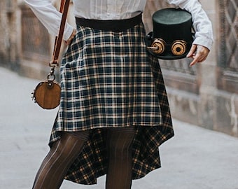 Falda de tartán en verde y marrón outlander steampunk kilt victoriano asimétrico academia oscura