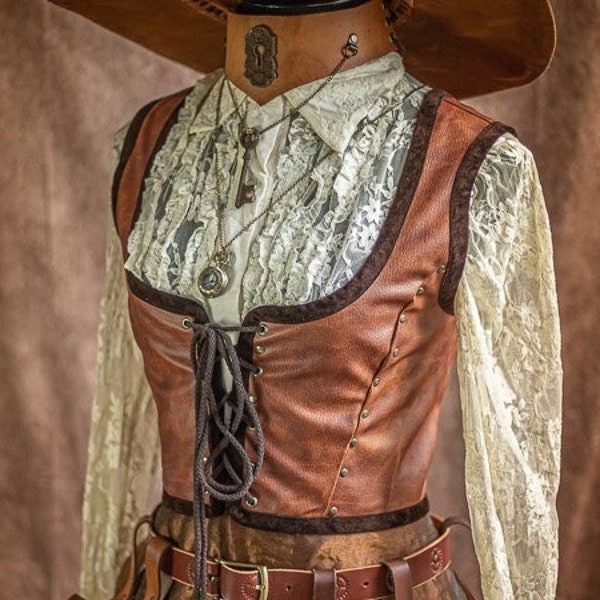 Corsage steampunk, gilet corset renaissance en faux cuir, costume de pirate de cirque universitaire sombre gilet corset de style cottage, jeune fille pirate