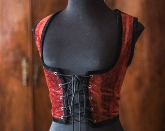 Red Velvet Corset bodice, Tapestry fabric Victorian Gothic corset vest, dark academia circus pirate costume cottagecore style corset vest