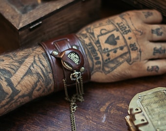 Reloj de cuero para hombre, reloj de bolsillo Steampunk, reloj de pulsera de cuero, puño de cuero marrón, puño de reloj, pulsera de cuero, reloj de cuero