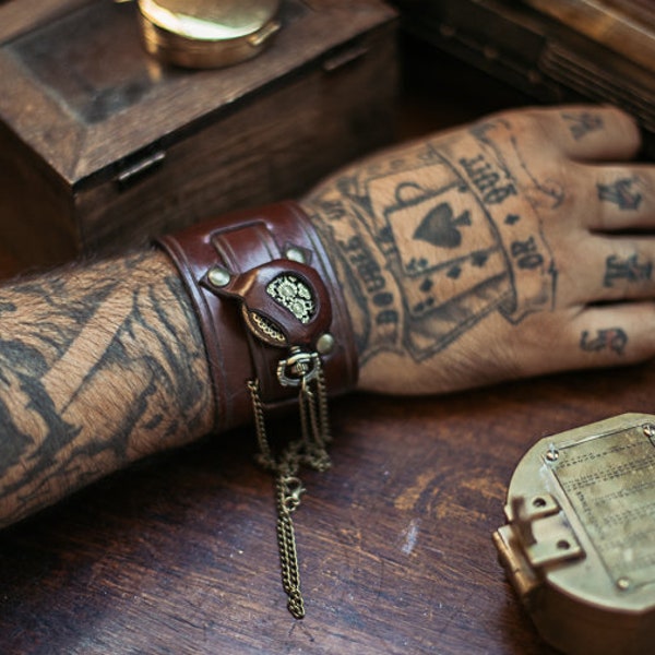 Men's leather watch, Steampunk pocket watch, leather wrist watch, Brown leather cuff, Watch cuff, Leather bracelet, Leather Watch