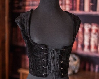 Corsage corset en velours noir, gilet corset gothique victorien en tissu de tapisserie, gilet corset de style cottage core costume de pirate de cirque universitaire sombre