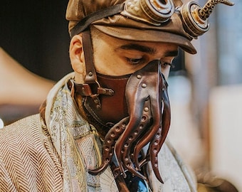 Handmade Leather Cthulhu Mask: Steampunk Octopus Tentacle Style