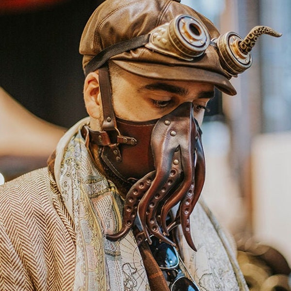 Masque facial en cuir Cthulhu tentacules pieuvre style steampunk Masque steampunk armure en cuir Diesel punk Wasteland Burning Man Dystopian