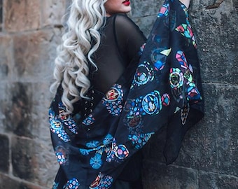 Gothic Stained Glass Scarf, Goth Cathedral vitral foulard gift for her unique scarves vintage Gothic window