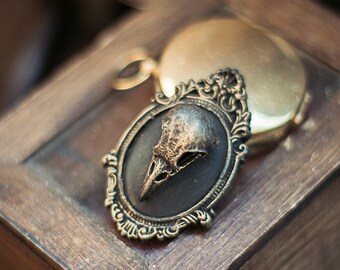 Bronze raven skull brooch, bird skull cameo , faux taxidermy, gothic pin, gothic victorian, oddities