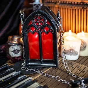 Bolso Catedral de Piel y resina en color negro estilo gótico steampunk bandolera barril bolso Hombro Vampiro Gótico