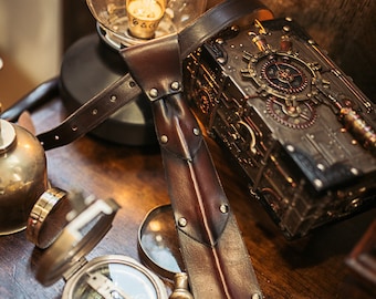 Leren stropdas steampunk stropdas pantser bruin en brons handgemaakte bruiloft bruidegom huwelijkscadeau voor hem