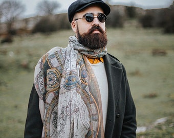 Old map scarf steampunk shawl in chiffon cravat for men and women victorian scarves