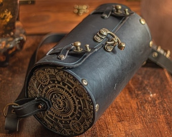 Leather and wood Bag in brown steampunk style crossbody barrel bag Shoulder circle purse