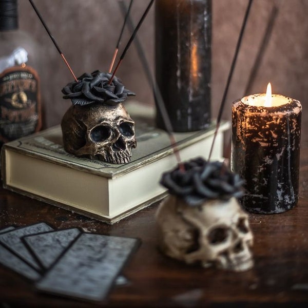 Human Skull Incense Holder baroque burner decoration black roses brocade resin vintage halloween decoration