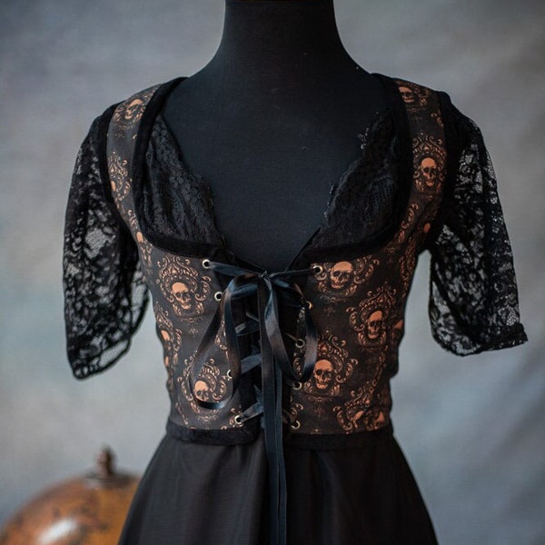 Skulls bodice, gothic damask renaissance corset vest, dark academia circus cottagecore costume cottagecore style corset vest, Wench Pirate