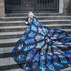 May include: A person wearing a silver crown and a long, flowing cape with a stained-glass window design in shades of blue, purple, and green. The cape is spread out on stone steps in front of a wrought-iron gate.