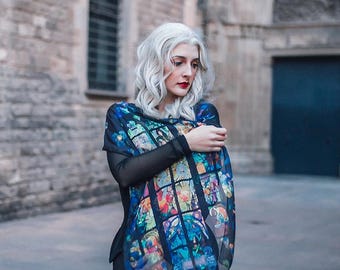 Stained Glass Scarf, Goth Cathedral vitral foulard gift for her unique scarves vintage Gothic window