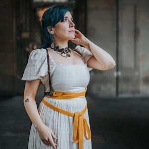 Harness in leather and velvet brown and yellow steampunk victorian style gothic dark academia