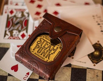 Poker deck Case houder leren tas voor de riem cadeau speelkaart set game pokerset huwelijkscadeau, bruidsjonkers steampunk