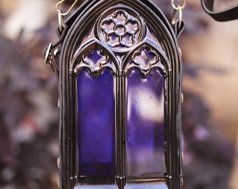 Cathedral Leather and resin Bag in black and Purple, gothic steampunk style crossbody barrel bag Shoulder Vampire Goth