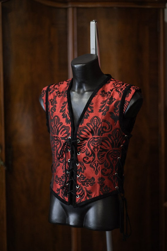 old beautiful pattern vest(red×black) Retro Gothic Steampunk Mens Vest For Formal Victorian Style