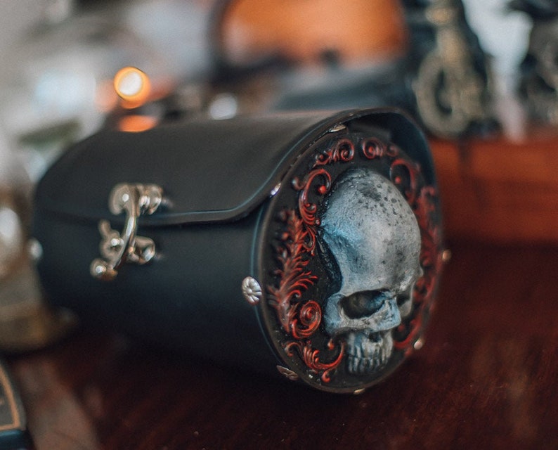 Skull Leather and resin Bag in black gothic steampunk style crossbody barrel bag Shoulder circle purse image 1